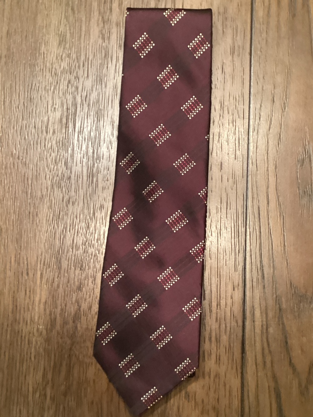F&F Burgundy Tie with Gold Dot Square Pattern